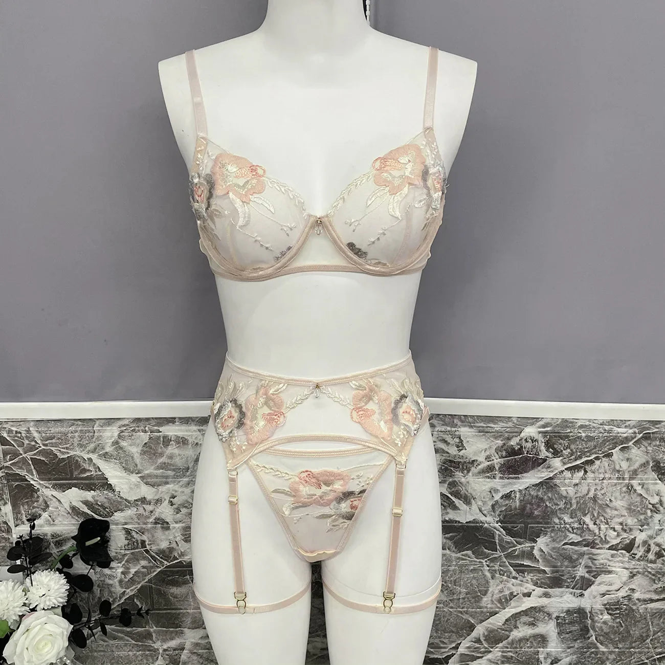 Ellolace Floral Romantic Lingerie Fancy Women's Underwear Set Transparent Bra Embroidery Ensemble Sexy Outfits Fantasty Intimate