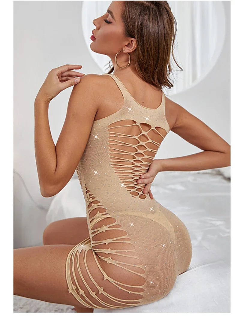 Women  Lingerie Rhinestone  Bodysuit Mesh  Costume Underwear Ladies Open Babydoll Bling Dress for  Clothing