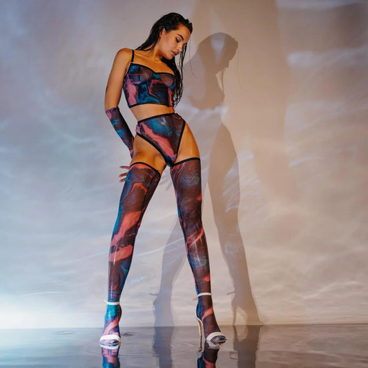 Tie Dye See Through Lingerie With Stocking Sensual Women Underwear Gloves  Bilizna y Beautiful Intimate Set