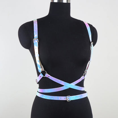 Fashion Laser Angel Wings Body  Harness Double Shoulder Strap Leather Colthing Accessories Belt  Punk Rave Garter