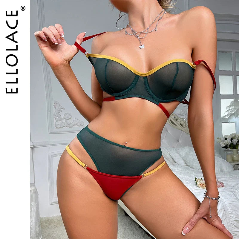 Ellolace Sensual Lingerie Contrast Color Ensemble Sexy Outfits Transparent Lace Intimate Goods Special Design Fantasy Sets
