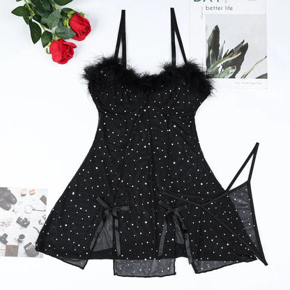Ellolace Night Dress Glitter Onlyfans Dresses Split Mini Clothes For Sex Black Sleepwear Fantasy Clothing Sissy Negligee