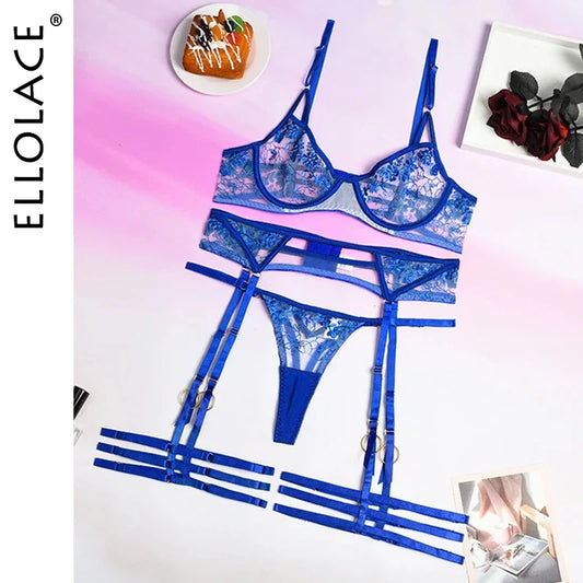 Ellolace Erotic Lingerie Sensual Transparent Embroidery Bra And Panty Garters Short Skin Care Kits Blue 3 Piece Breves Sets