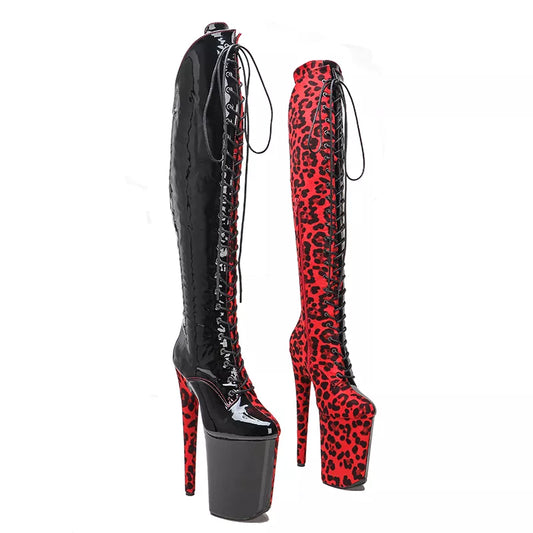 23CM/9inches Black patent with red Leopard   fashion  lady High Heel platform  Pole Dance boots