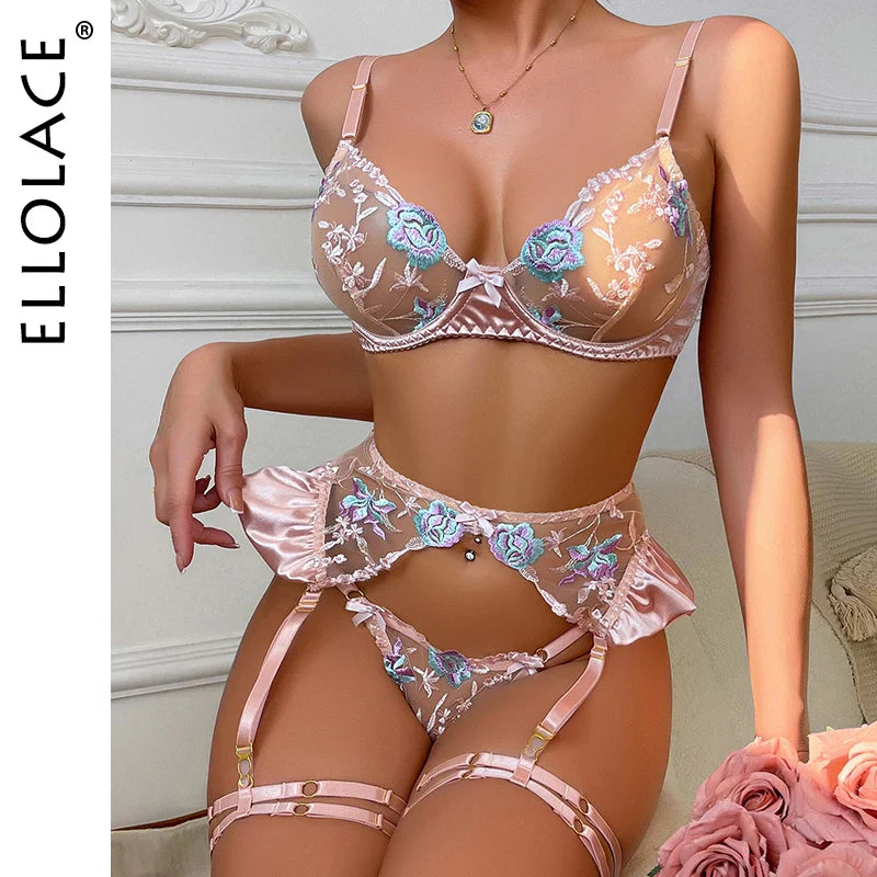 Ellolace Fancy Satin Lingerie Set Silk Lace Attractive Chest Suspenders Erotic Transparent Bra Garter Belt Set Sissy Intimate