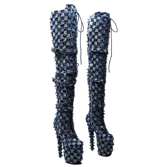 20CM/8inche  Denim upper   High Heel platform Boots Pole Dance boots