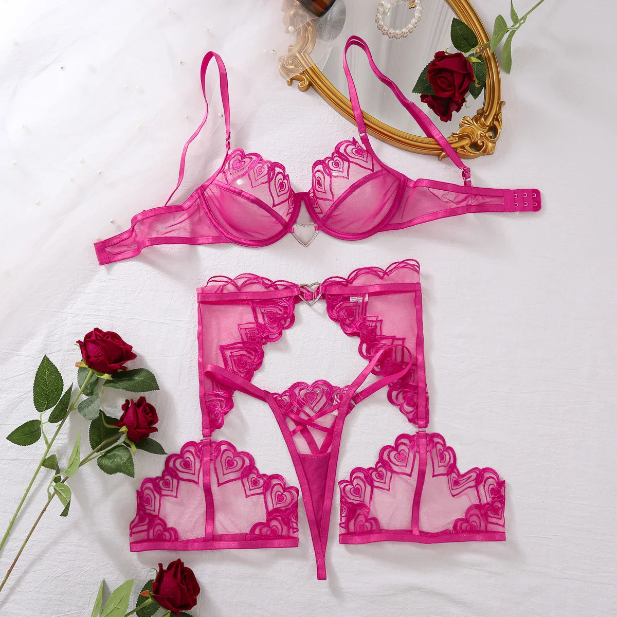 Ellolace Sexy Lingеrie Set Love Embroidery Transparent Seductive Ensemble Lingeries Femmes Push Up Brazilian g-String Underwear