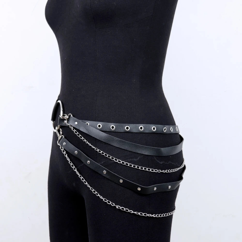 Cadena de cuero PU para mujer, cinturón negro a la moda, ligas góticas, pretina, diseño de anillo circular de Metal, decoración de vaqueros Harajuku 
