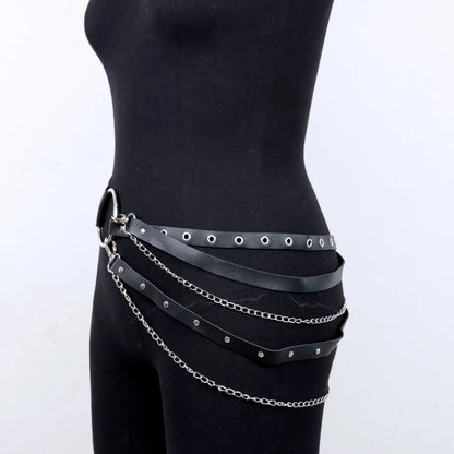 Cadena de cuero PU para mujer, cinturón negro a la moda, ligas góticas, pretina, diseño de anillo circular de Metal, decoración de vaqueros Harajuku 