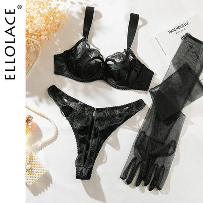 Ellolace Fantasy Lingerie Peekaboo Bra Fancy Lace Intimate Crotchless Panties Sissy Seductive Underwear Long Gloves Onlyfans