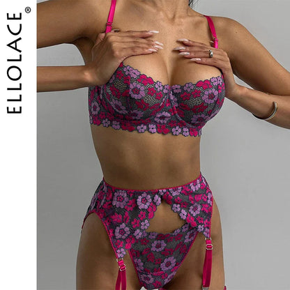 Ellolace Floral Fancy Lingerie Bra Kit Push Up Bilizna Set Ensemble Beautiful Underwear Sexy Intimate Goods g-String outfits