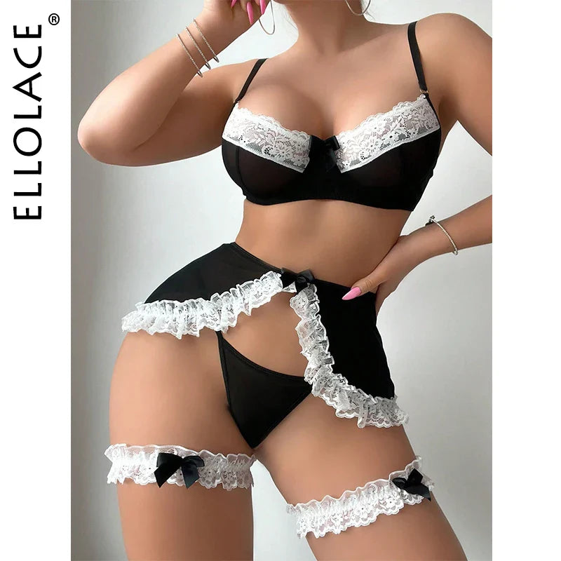 Ellolace Erotic Lingerie Lace Sexy Back Night Outfit g-string Fancy Women Underwear Sissy Garter Bra Sets Hot Maid Costumes