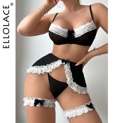 Ellolace Erotic Lingerie Lace Sexy Back Night Outfit g-string Fancy Women Underwear Sissy Garter Bra Sets Hot Maid Costumes