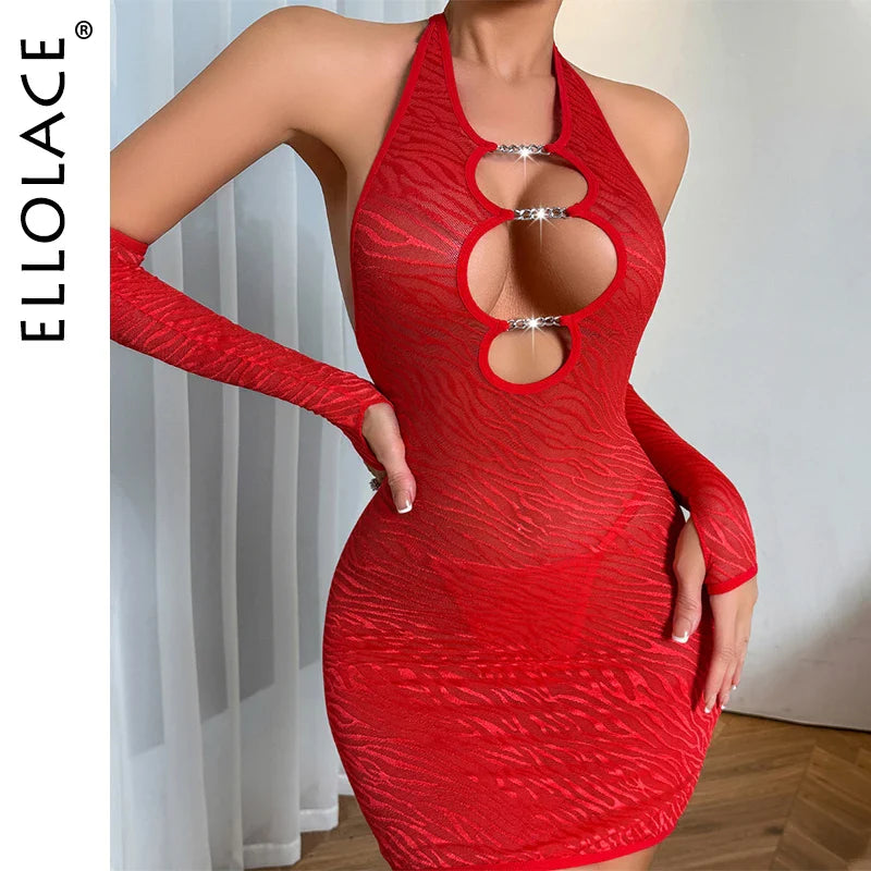 Ellolace Zebra-Stripe Super Sexy Dresses Halter V Neck Backless Lace Fantasy Sexy Outfit Oversleeve Seductive See Through Set