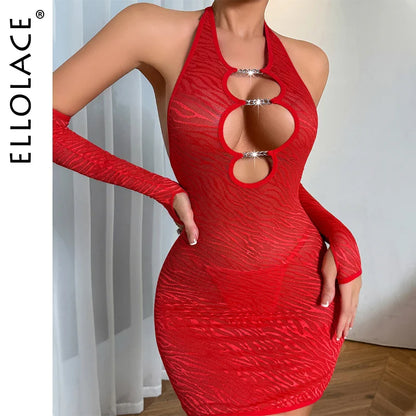 Ellolace Zebra-Stripe Super Sexy Dresses Halter V Neck Backless Lace Fantasy Sexy Outfit Oversleeve Seductive See Through Set