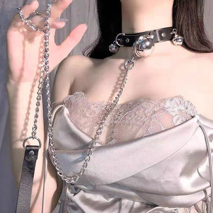 2PCS  Handmade Leather Neck Collar Choker with O-ring and Chain Leash Adjustable Roleplay Accessory Love Necklace for Couple