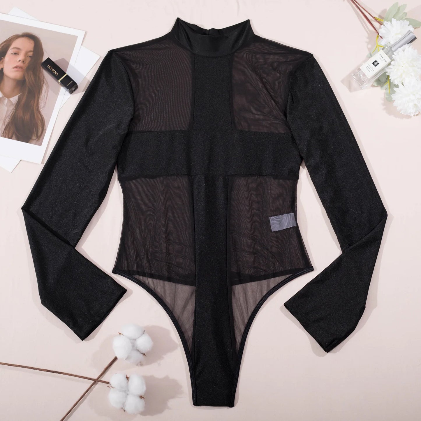 Sexy Mesh Bodysuit Long Sleeve Body One Piece Transparent Tops Uncensored Tight Lingerie Tulle Crotchless Outfit