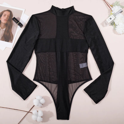 Sexy Mesh Bodysuit Long Sleeve Body One Piece Transparent Tops Uncensored Tight Lingerie Tulle Crotchless Outfit