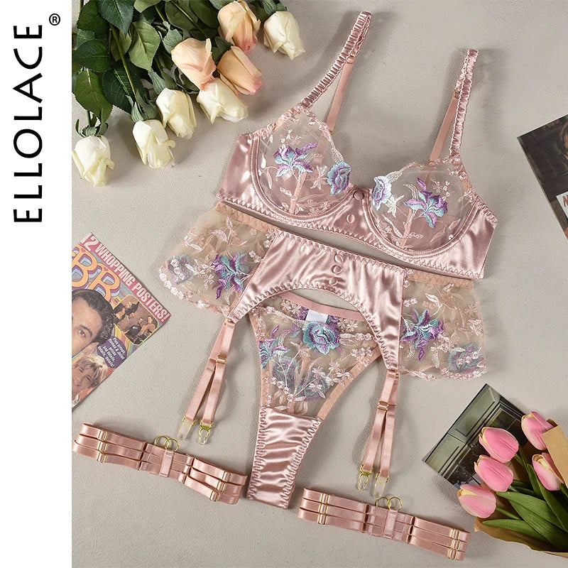 Ellolace Sensual Women Lingerie Fancy Floral Sheen Silk Underwear Transparent Garter Exotic Sets Fairy Luxury Intimate Goods