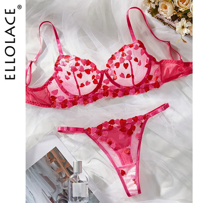 Ellolace Fantasy Lingerie Erotic Outfit Love Embroidery Lace Romantic Sexy Costume Transparent Bra Fancy Seamless Underwear