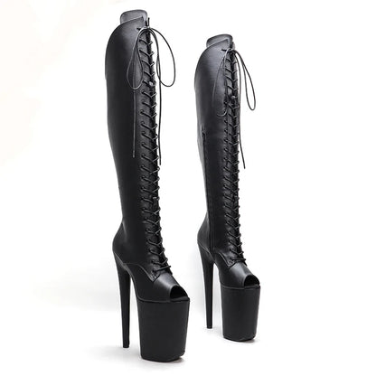 23CM/9inches  matte PU upper y boots Open Toe High Heels Platform Pole Dance shoes  knee high boots  5B