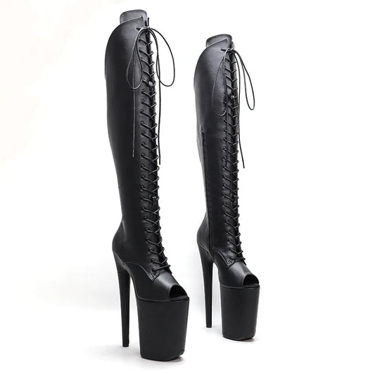 23CM/9inches  matte PU upper y boots Open Toe High Heels Platform Pole Dance shoes  knee high boots  5B