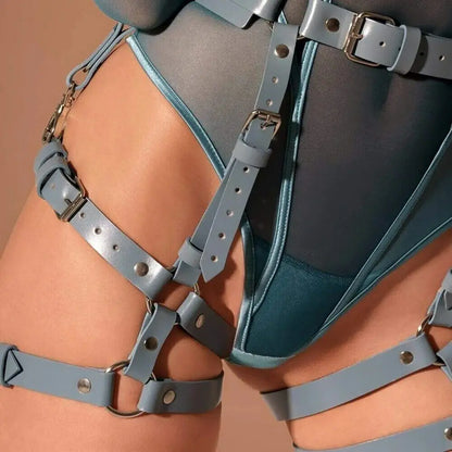 Full Body Harness Belt Blue Set  Lingerie Women Punk PU Leather Harness Bra Chest Straps Suspenders Garter Belts