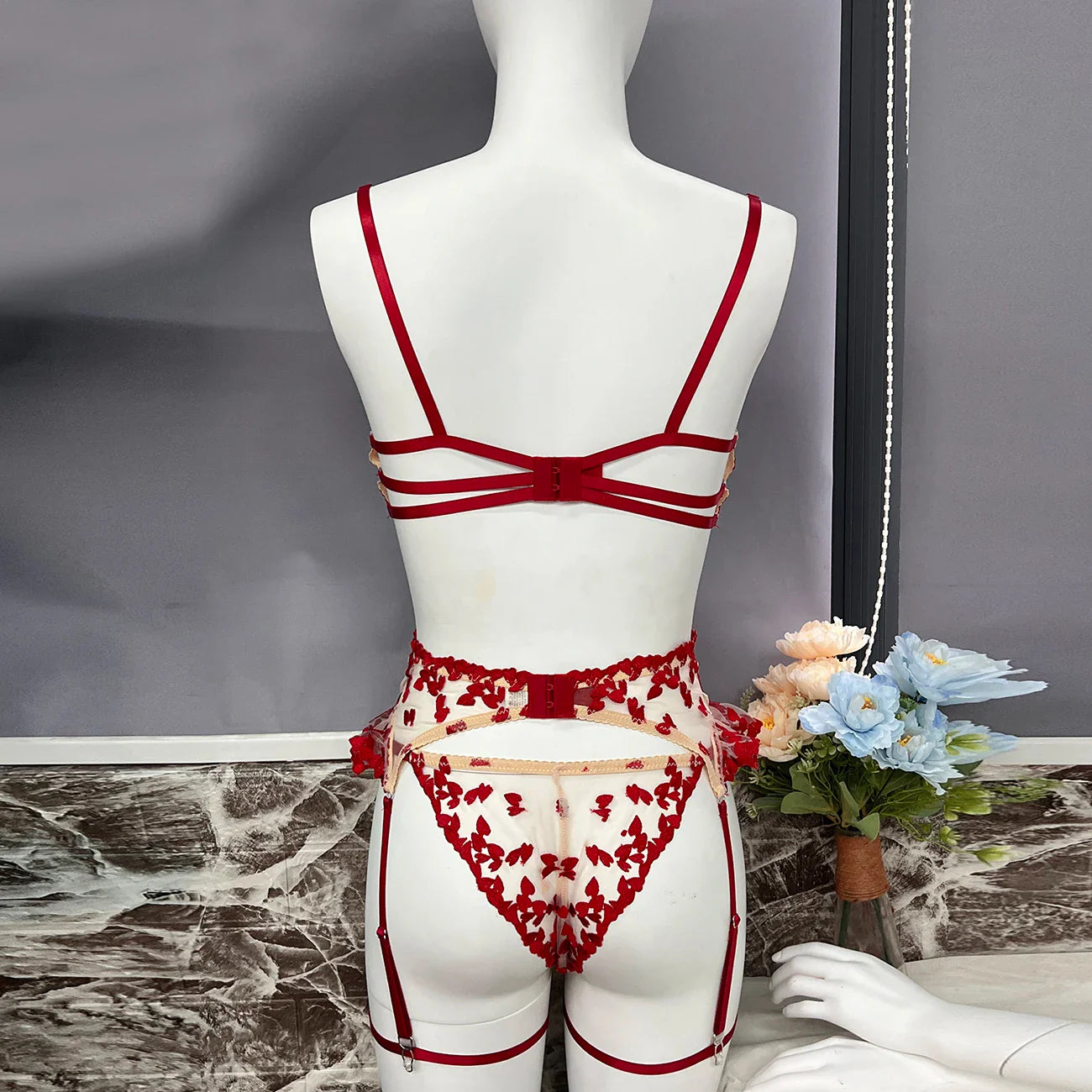 Ellolace Heart Sensual Lingerie Sheer Lace Embroidery Fancy Underwear 4-Piece Ruffle Sissy Intim Goods Delicate Sexy Outfits