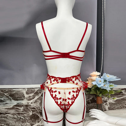 Ellolace Heart Sensual Lingerie Sheer Lace Embroidery Fancy Underwear 4-Piece Ruffle Sissy Intim Goods Delicate Sexy Outfits