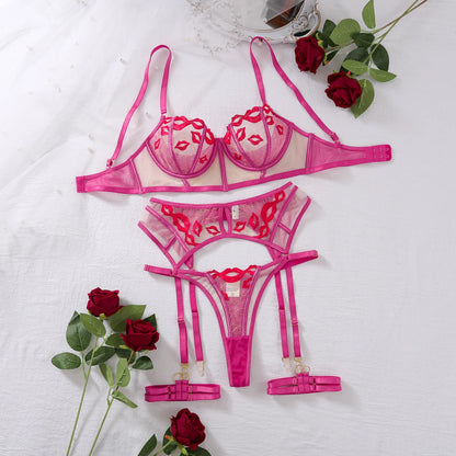 Ellolace Fancy Lingerie Red Lips Embroidery Lace Delicate Bra Sissy Tulle Underwar Uncensored Onlyfans Kit Ensemble 5-Piece