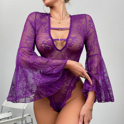 Ellolace Kinky Bodysuit Fantasy Trumpet Sleeve Fetish Sexy Hot Lingerie Body Naked Erotic Costume Sissy See-Through Tights