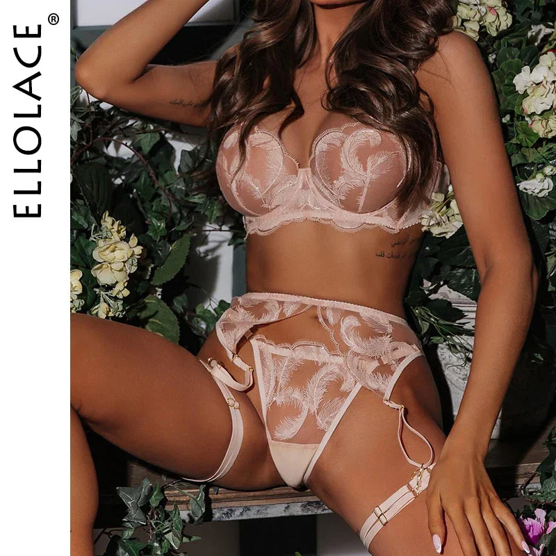 Ellolace Super Sexy Lingerie Push Up Suspenders Spandex See-Through Bra Hot Lace Erotic Underwear Luxury Sexy Girl Set 3-Pieces