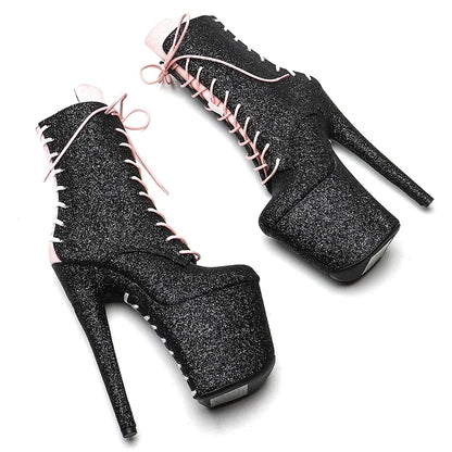 20CM/8inches  Black with Pink  Glitter Upper   Fashion and trends High Heel   platform Pole Dance boot