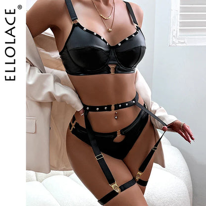 Ellolace Pu Leather Ensemble Lingeries Attractive Chest Suspenders Sexy Push Up Bilizna 2024 G-String Black Female Underwear