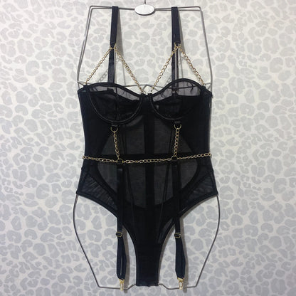 Tight Bodysuit With Chain Fitness Transparent Mesh Body Woman Sheer Lace One Piece Tops Nightclub Fantasy  Teddy