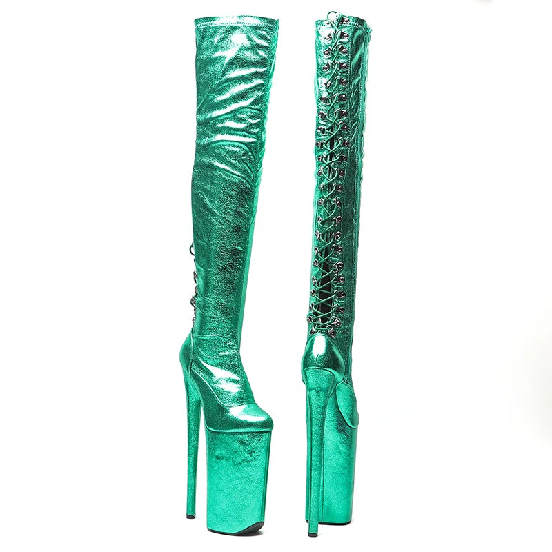 26CM/10inches Patent Upper Women Fashion High Heels Platform Closed Toe Lace Up And Thigh High Boots Pole Dance Boots