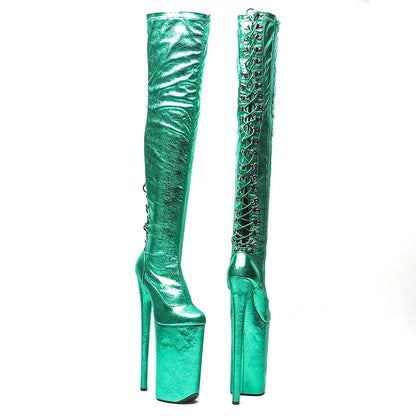26CM/10inches Patent Upper Women Fashion High Heels Platform Closed Toe Lace Up And Thigh High Boots Pole Dance Boots