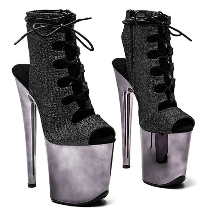 20CM/8inches Glitter Upper open toe  lady ankle boots High Heel Electroplate  platform Pole Dance boot