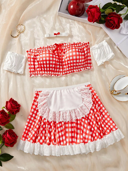 Ellolace Plaid Housemaid Cosplay Lingerie 4-Piece Maid Sexy Women's Outfit Fantasia Intimate Sex Fetish Cute Adult Goods Costume