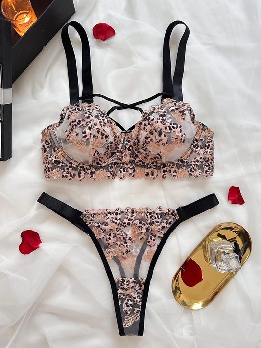 Lencería floral Ropa interior de encaje Trajes transparentes de Bilizna Traje de sujetador cruzado de buena calidad