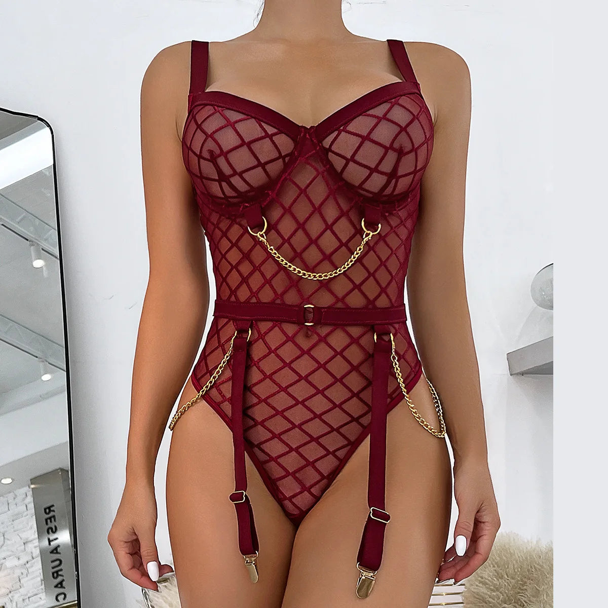 Plaid Bodysuit Sensual Lingerie With Chain Open Crotchless Teddy Bear Transparent Lace   Body y Tights