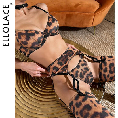Ellolace Leopard Lingerie Sexy Support Seamless Hot Girl Underwear Sissy Garter Exotic Sets Fancy Push Up Bra Matching Sets