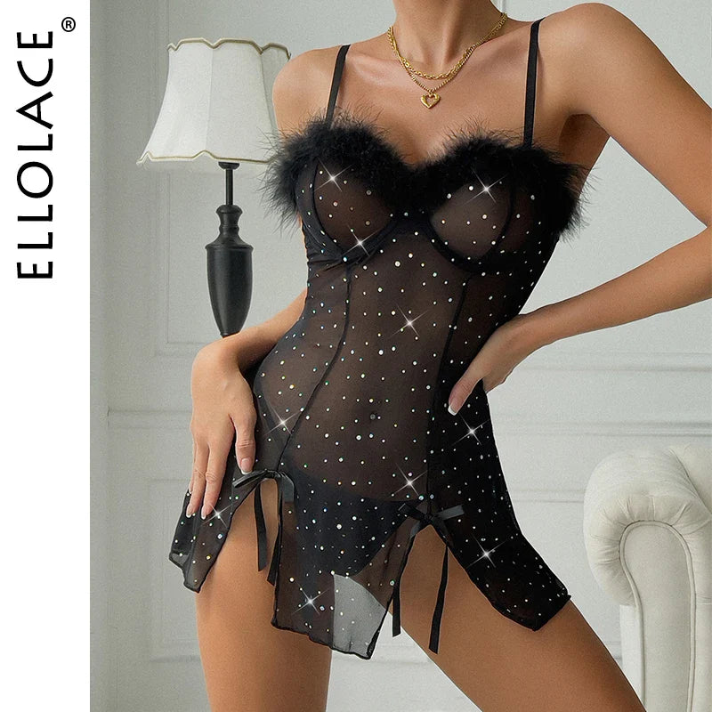 Ellolace Night Dress Glitter Onlyfans Dresses Split Mini Clothes For Sex Black Sleepwear Fantasy Clothing Sissy Negligee