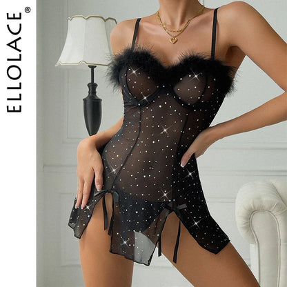 Ellolace Night Dress Glitter Onlyfans Dresses Split Mini Clothes For Sex Black Sleepwear Fantasy Clothing Sissy Negligee