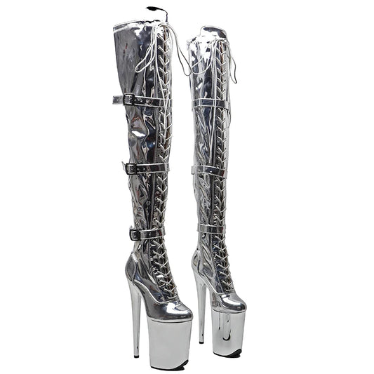 23CM/9inches Shiny PU  upper y boots    Silver  electroplate High Heels Platform Pole Dance shoes