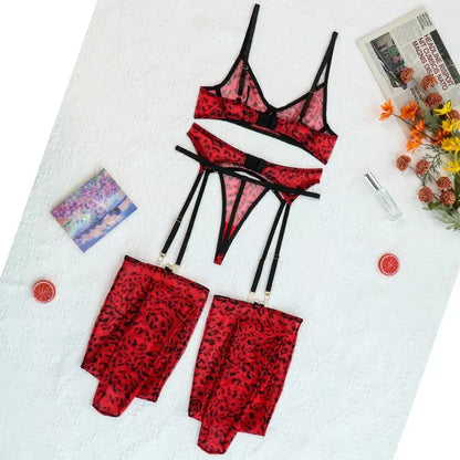 Ellolace Leopard Lingerie For Women Lace Set Of Underwear With Stockings 4-Pieces Erotic Thongs Garter Fancy Matching Outfit