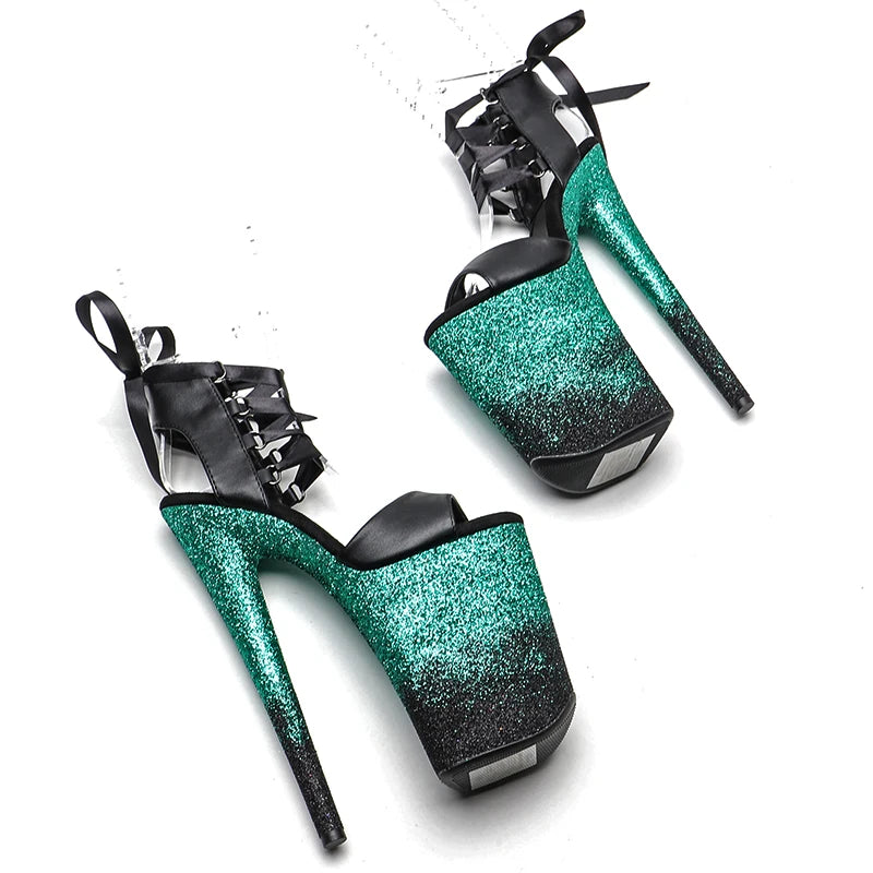 23CM/9inches Matte PU Open Toe Glitter Platform y High Heels Sandals Pole Dance Shoes