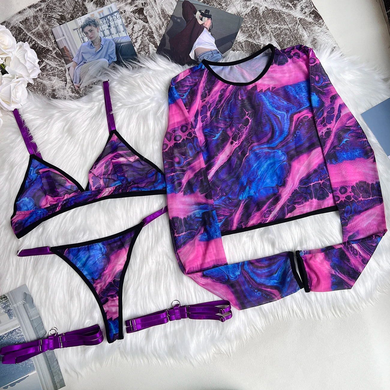 Tie Dye Lingerie With Long Sleeve Tops Lace See Through Sensual  Sets 4-Piece  Seamless  Underwear