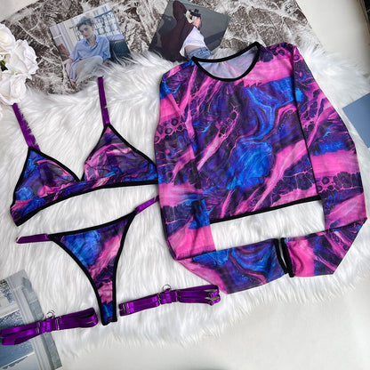 Tie Dye Lingerie With Long Sleeve Tops Lace See Through Sensual  Sets 4-Piece  Seamless  Underwear