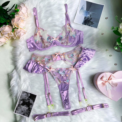 Ruffle  Lingerie Floral Intimate Set Transparent Lace  Fantasy Underwear Luxury Attractive Pushup Bra Outfits